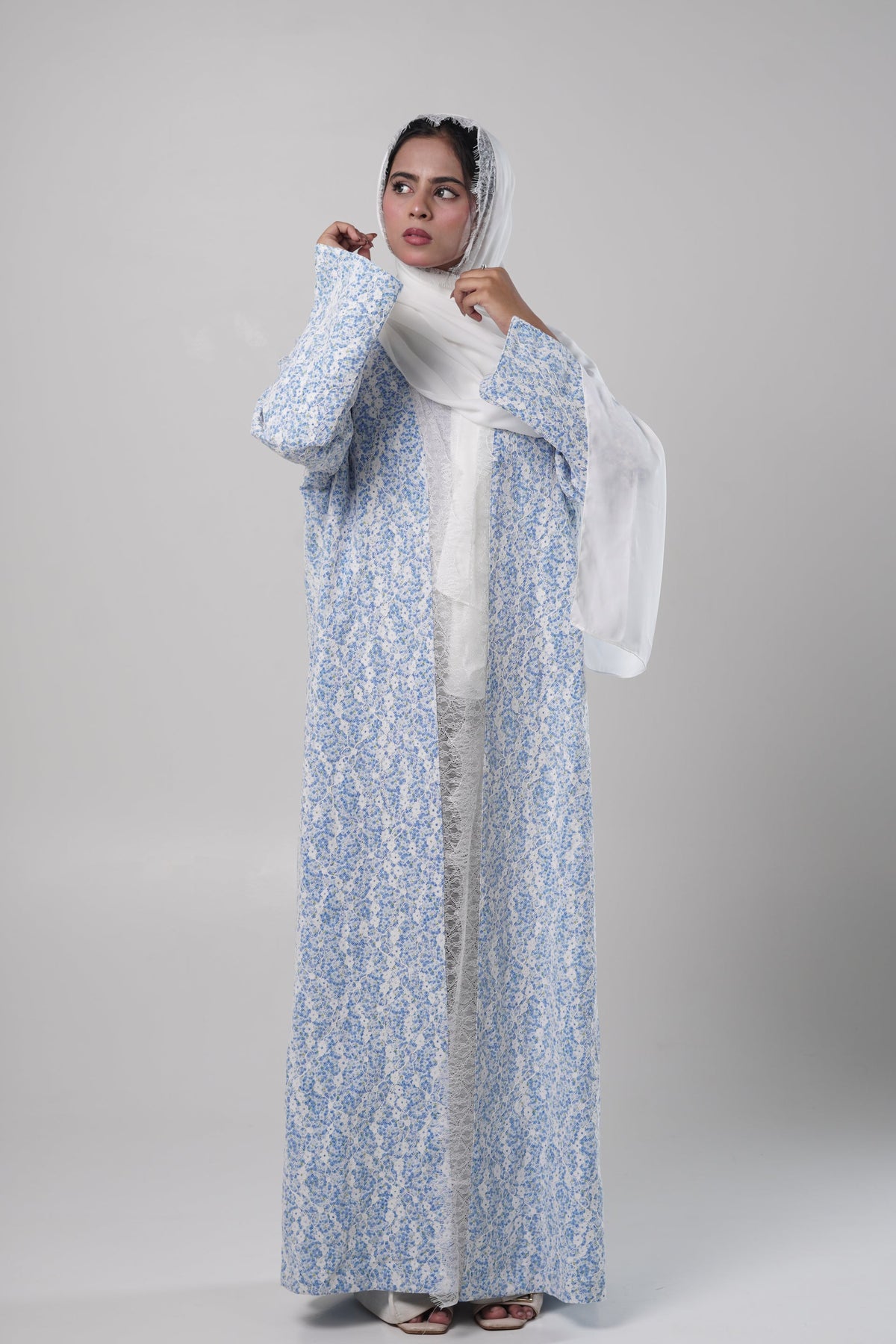 Blue Printed Chantilly Abaya